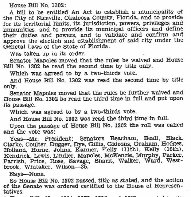 HB 1302 to establish Niceville passed Senate May 25, 1939 